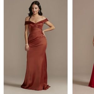 David’s bridal cinnamon satin off-the-shoulder mermaid bridesmaid dress size 10.